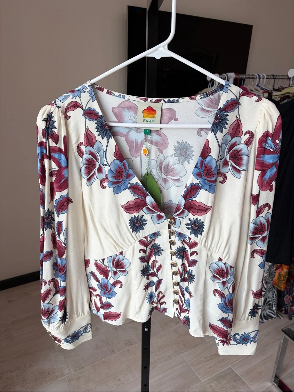 Floral V-Neck Button-Front Blouse - Cream with Blue & Red Bloom